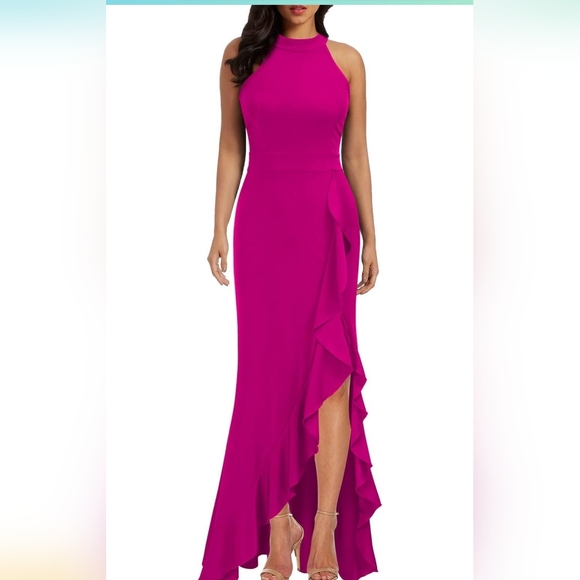 Woosea Dresses & Skirts - Sleeveless Ruffled High-Neck Maxi Dress in Magenta
